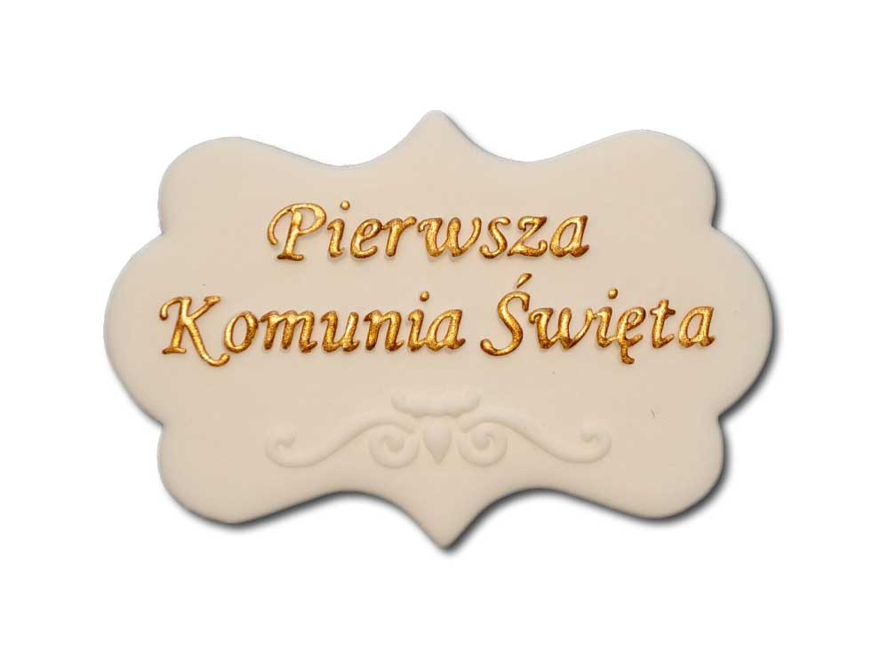 Plakietka cukrowa na tort Komunia biała napis złoty