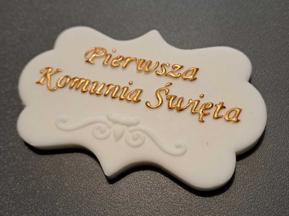 Plakietka cukrowa na tort Komunia biała napis złoty - obrazek 2